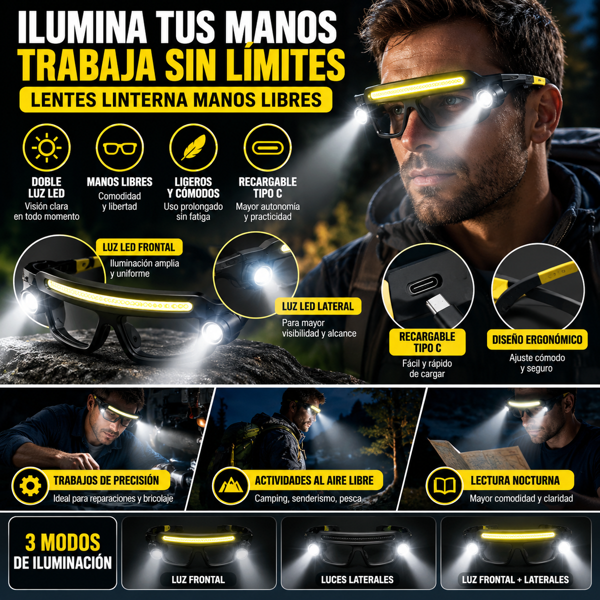 👓 GAFAS LINTERNA LED MANOS LIBRES 🔦