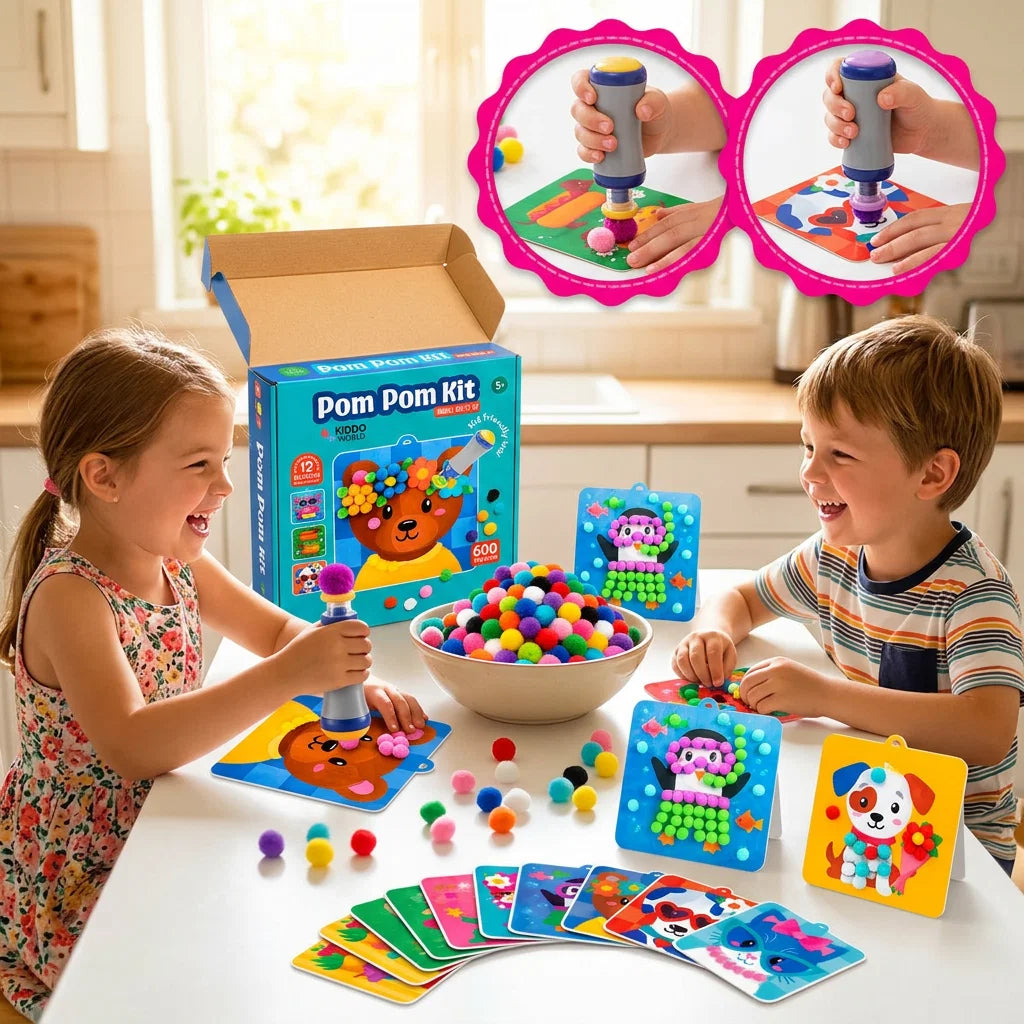 🐻 KIT DE POMPONES ANIMALITOS 3D 🌈