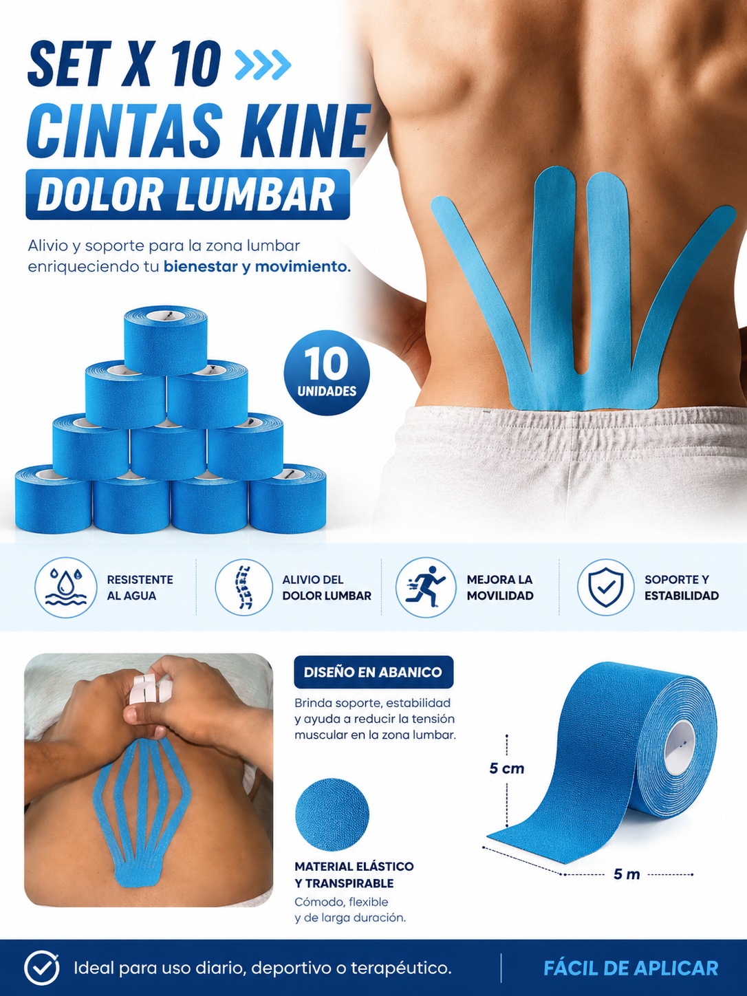 LUMBAR PRO: SET X10 CINTAS KINE PARA DOLOR LUMBAR 🔥🩹