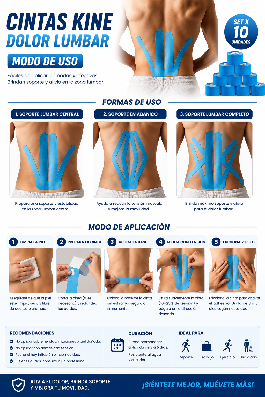 LUMBAR PRO: SET X10 CINTAS KINE PARA DOLOR LUMBAR 🔥🩹