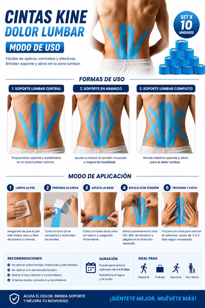 LUMBAR PRO: SET X10 CINTAS KINE PARA DOLOR LUMBAR 🔥🩹