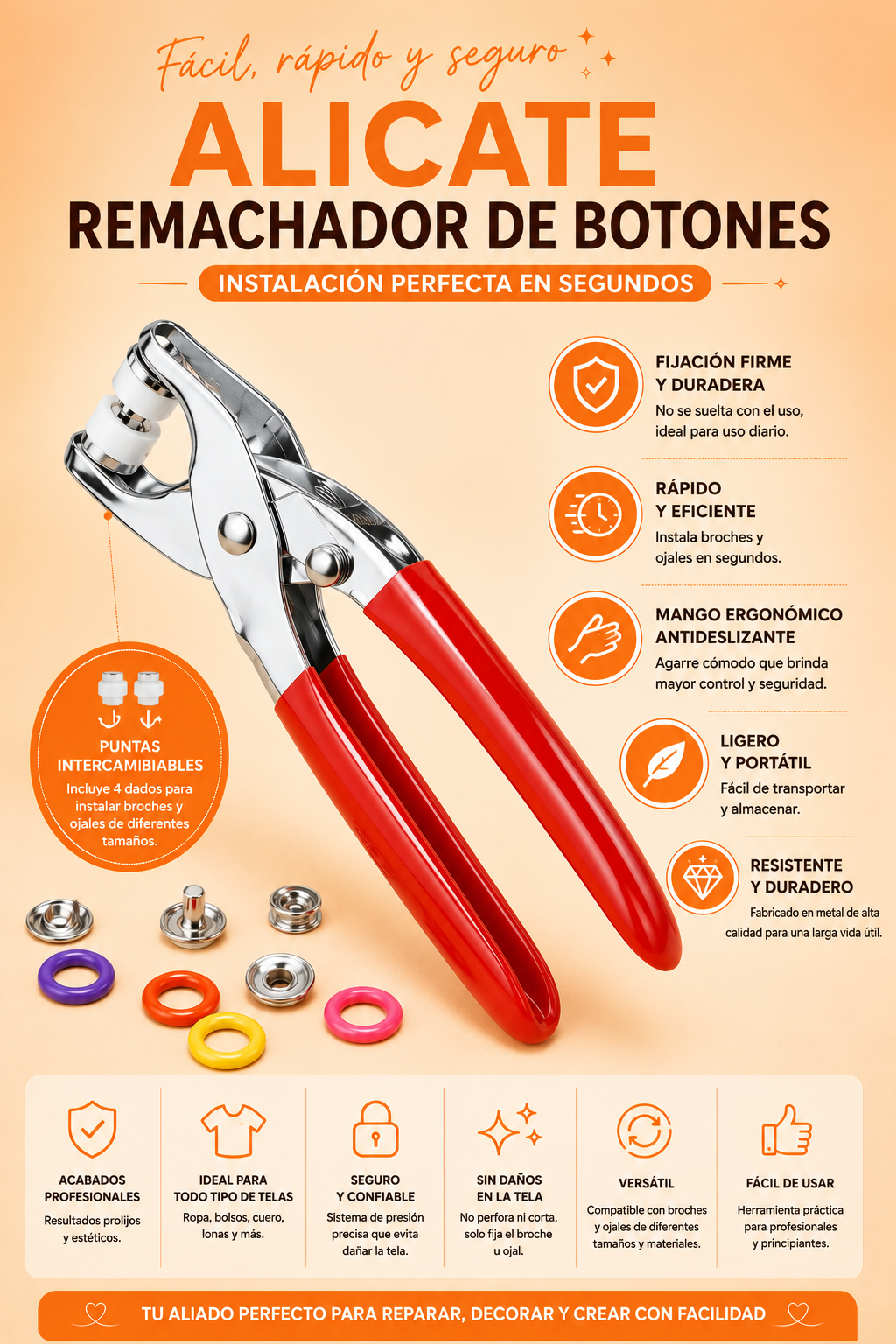 BUTTONPRO: KIT ALICATE REMACHADOR DE BOTONES👕🔩