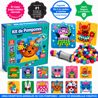 ANIMALES 3D: KIT DE POMPONES – CREA ANIMALES 3D SUAVES Y COLORIDOS✨🦁