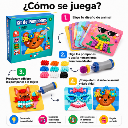 ANIMALES 3D: KIT DE POMPONES – CREA ANIMALES 3D SUAVES Y COLORIDOS✨🦁