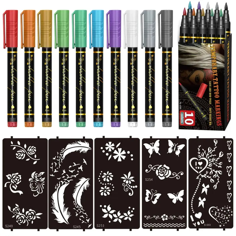 SET X10 MARCADORES DE TATUAJE TEMPORAL 🎨✨