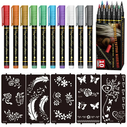 SET X10 MARCADORES DE TATUAJE TEMPORAL 🎨✨