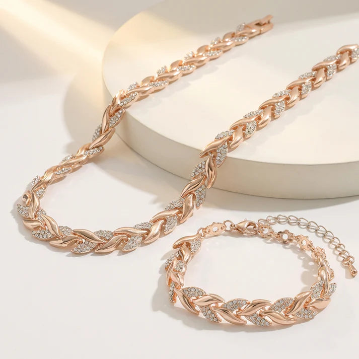 🌿 GOLDEN HARMONY: SET DE PULSERA Y COLLAR DISEÑO HOJAS🌿