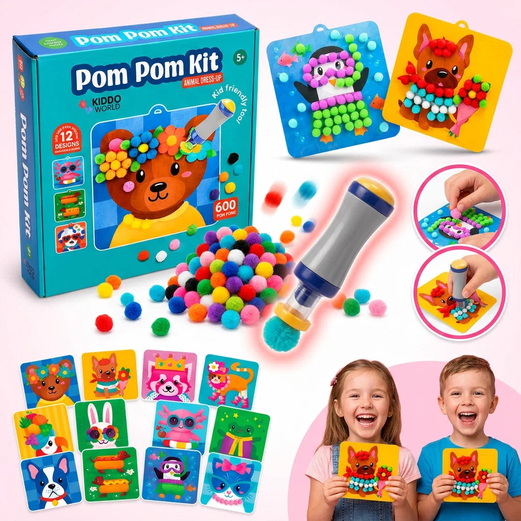🐻 KIT DE POMPONES ANIMALITOS 3D 🌈